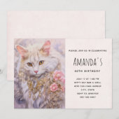 宝石に囲まれたエレガントな白猫 招待状 (正面/裏面)