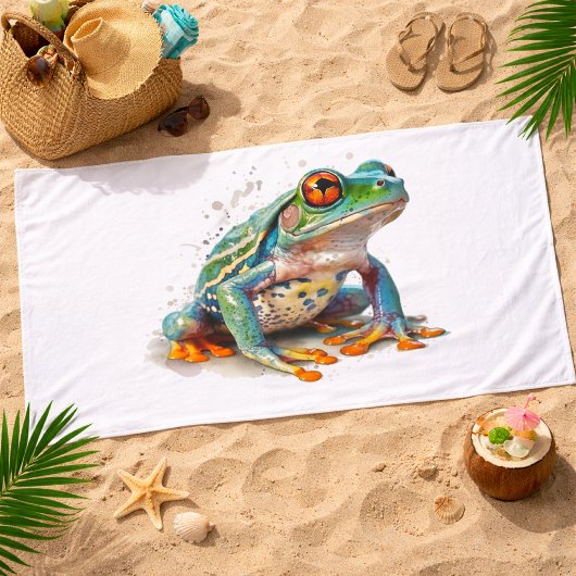 宝石のような色彩の水彩画のカエル バスタオル