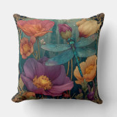 宝石のような色彩の花と翼を持つトンボ クッション (正面)