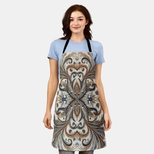 宝石のキラキラした花柄 エプロン (着用した状態)