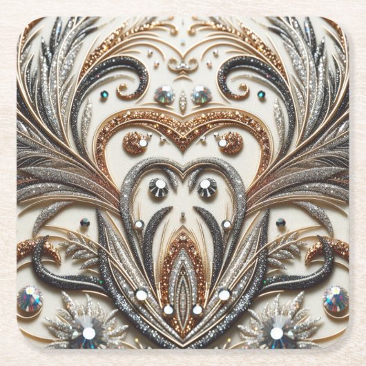 宝石のキラキラした花柄 スクエアペーパーコースター (正面)