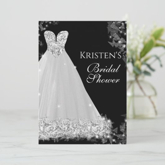 宝石のドレスホワイト結婚ブラックのブライダルシャワー 招待状 (スタンド正面)