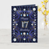 宝石の固まりが付いている第17バースデー・カード カード (黄色い花)