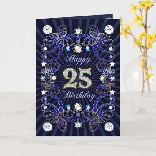 宝石の固まりが付いている第25バースデー・カード カード (黄色い花)