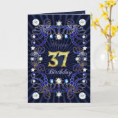 宝石の固まりが付いている第37バースデー・カード カード (黄色い花)