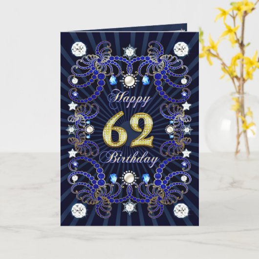 宝石の固まりが付いている第62バースデー・カード カード (黄色い花)