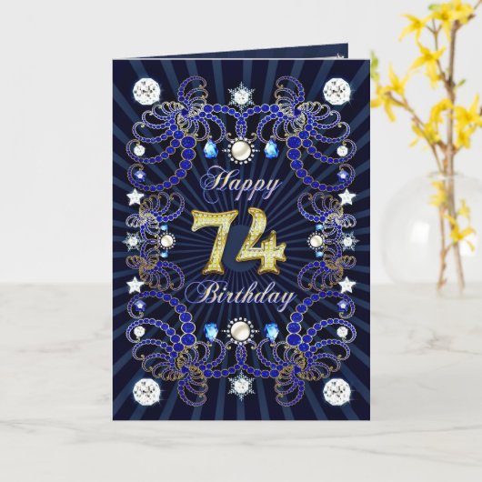 宝石の固まりが付いている第74バースデー・カード カード (黄色い花)