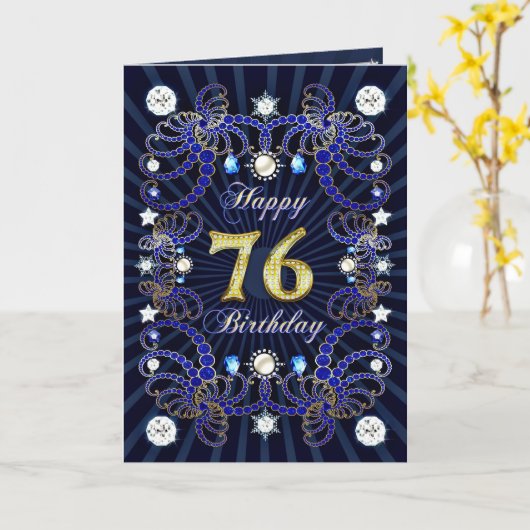 宝石の固まりが付いている第76バースデー・カード カード (黄色い花)
