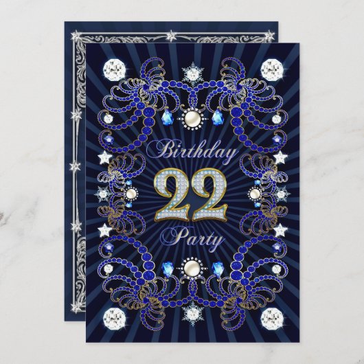 宝石の塊と22番目の誕生日パーティー招待状 招待状 (正面/裏面)