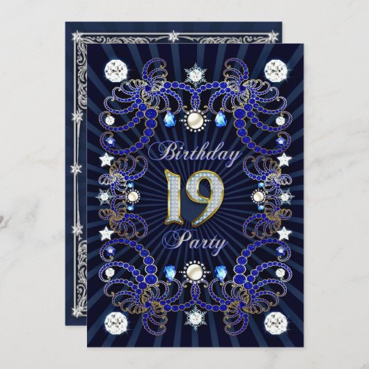 宝石の塊を持つ19歳の誕生日パーティー招待状 招待状 (正面/裏面)