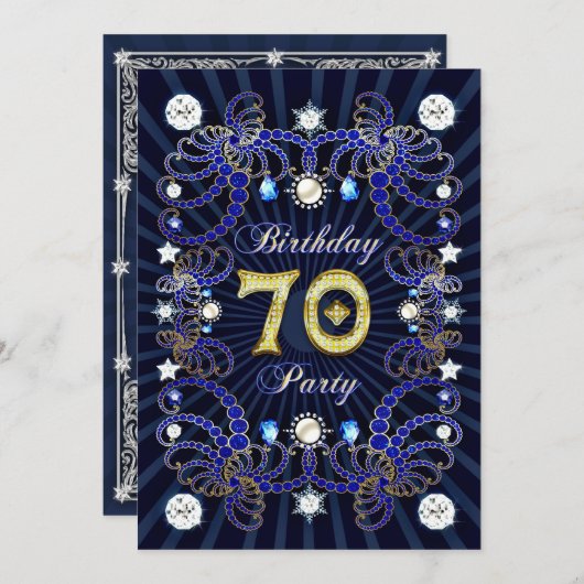 宝石の塊を持つ70th誕生日パーティー招待状 招待状 (正面/裏面)