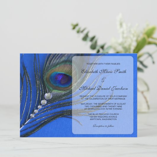 宝石の孔雀の羽の青の結婚式招待状 招待状 (スタンド正面)