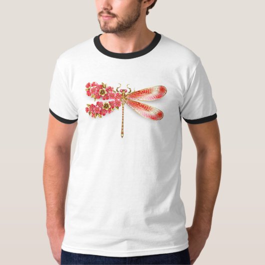 宝石の桜が付いた花のトンボ Tシャツ (正面)