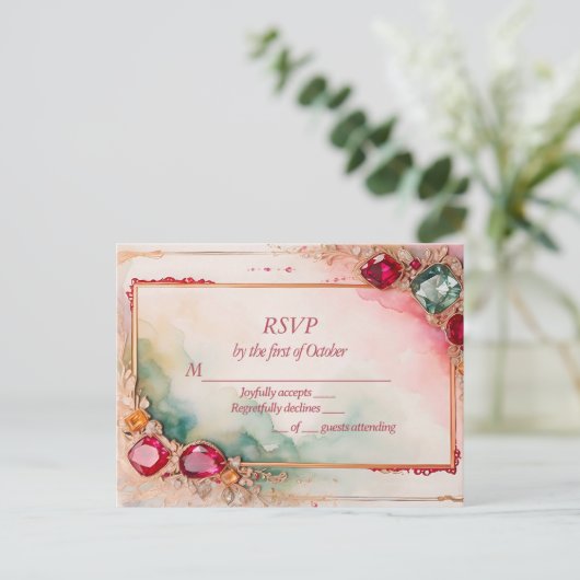 宝石の結婚式RSVP ポストカード (スタンド正面)