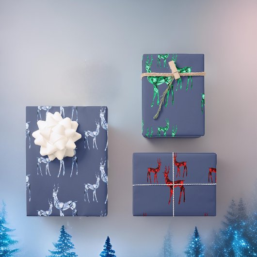 宝石の結晶トナカイのクリスマスパターン ラッピングペーパーシート