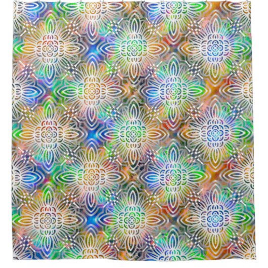 宝石の色調に白いカラフル曼荼羅の模様 シャワーカーテン (正面)