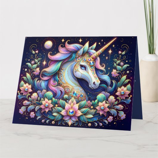 宝石の輝くユニコーンの花幻想画 カード (正面)