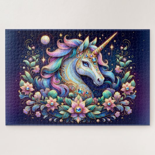 宝石の輝くユニコーンの花幻想画 ジグソーパズル (横)
