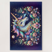 宝石の輝くユニコーンの花幻想画 ジグソーパズル (縦)