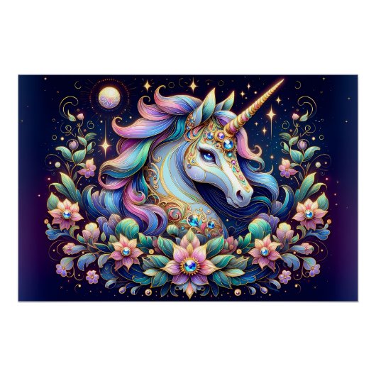 宝石の輝くユニコーンの花幻想画 ポスター (正面)