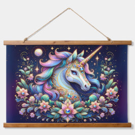 宝石の輝くユニコーンの花幻想画 吊り下げ型タペストリー