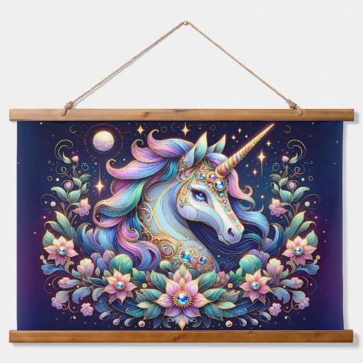 宝石の輝くユニコーンの花幻想画 吊り下げ型タペストリー (正面)