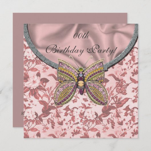 宝石をちりばめた蝶のバースデーパーティ招待状 招待状 (正面/裏面)