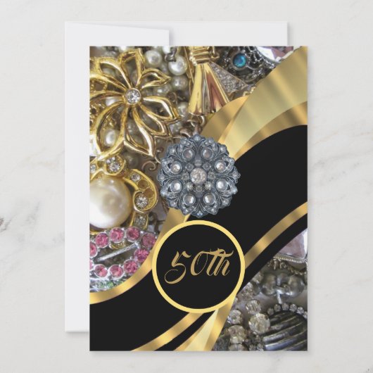 宝石をちりばめた金結婚の記念日 招待状 (裏面)