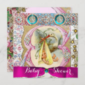 宝石を備えた中性フローラストーク赤ちゃんシャワー 招待状 (正面/裏面)