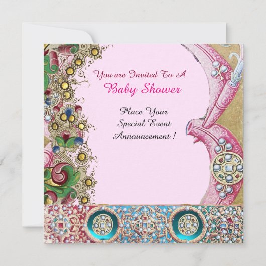 宝石を備えた中性フローラストーク赤ちゃんシャワー 招待状 (裏面)
