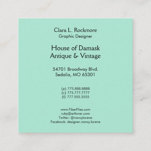 宝石を持つアールデコの女性- BIANCA: ヴィンテージの夏 スクエア名刺 (裏面)