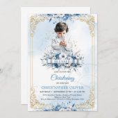 宝石を身に着けた白い服の小さな少年は祝福されている 招待状 (正面/裏面)