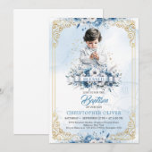 宝石を飾った白い服を着たかわいい小さな少年　洗礼を受ける 招待状 (正面/裏面)