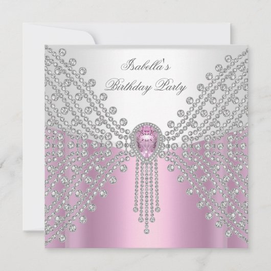 宝石イメージバースデーパーティーピンク 招待状 (正面)