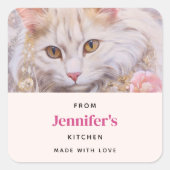 宝石エレガントの台所で白い猫 スクエアシール (正面)