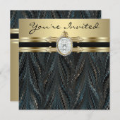 宝石エレガントブラック金ゴールド女性バースデーパーティー 招待状 (正面/裏面)