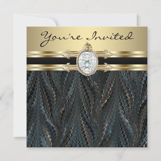 宝石エレガントブラック金ゴールド女性バースデーパーティー 招待状 (正面)