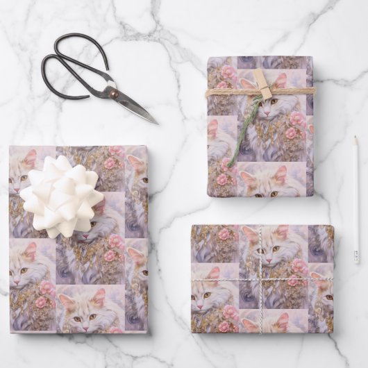 宝石エレガント柄の白猫 ラッピングペーパーシート (正面)