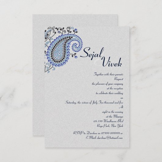 宝石シルバーブルーペイズリーヒンドゥー結婚ズ詳細 招待状 (正面/裏面)