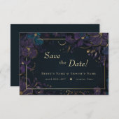 宝石トーンパープルとティール（緑がかった色）の花 セーブザデート (正面/裏面)