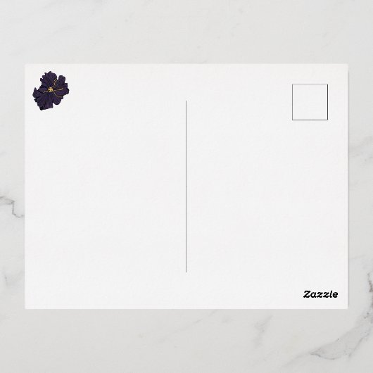 宝石トーンパープルとティール（緑がかった色）の花 箔招待状ポストカード (裏面)