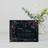 宝石トーンパープルとティール（緑がかった色）の花 箔招待状ポストカード (立ち正面)