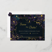 宝石トーンパープルとティール（緑がかった色）の花 箔招待状ポストカード (正面/裏面)