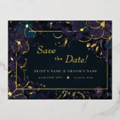 宝石トーンパープルとティール（緑がかった色）の花 箔招待状ポストカード (正面)