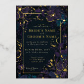 宝石トーンパープルとティール(緑がかった色)の花 箔招待状 (正面)