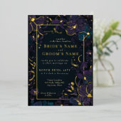 宝石トーンパープルとティール(緑がかった色)の花 箔招待状 (立ち正面)