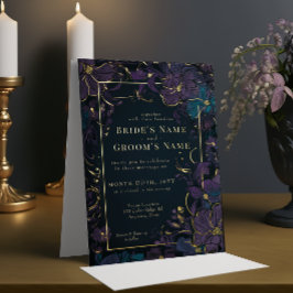 宝石トーンパープルとティール（緑がかった色）の花 箔招待状