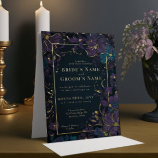 宝石トーンパープルとティール(緑がかった色)の花 箔招待状