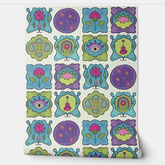 宝石トーン手描きボホお洒落フレームクリーム 壁紙 (ほどく)