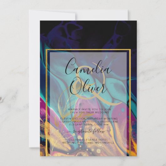 宝石トーン結婚ズインクプラムパープルティール（緑がかった色）ネイビー金ゴールド 招待状 (正面)